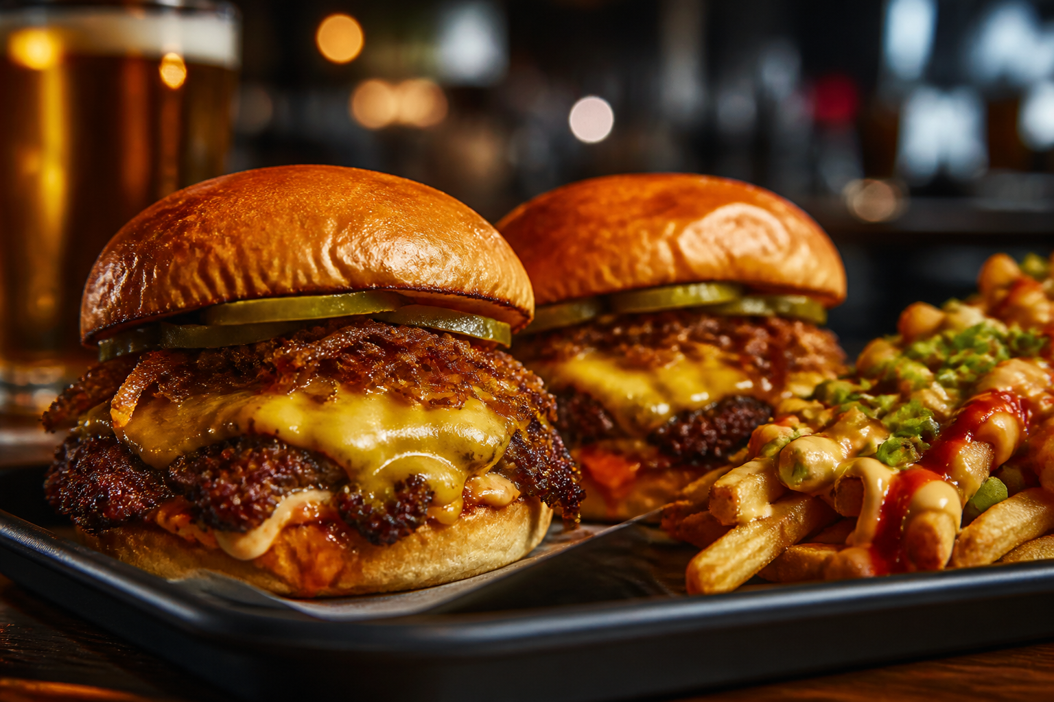 Pub burger, fries and drinks