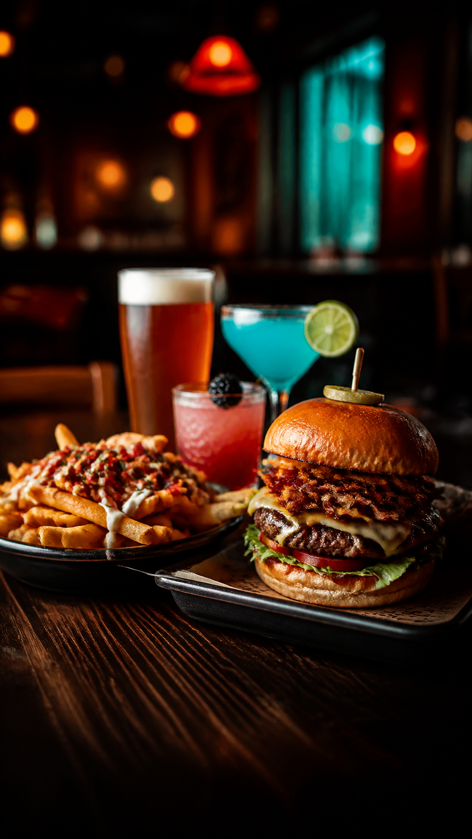 Warm pub table with burgers, fries and drinks